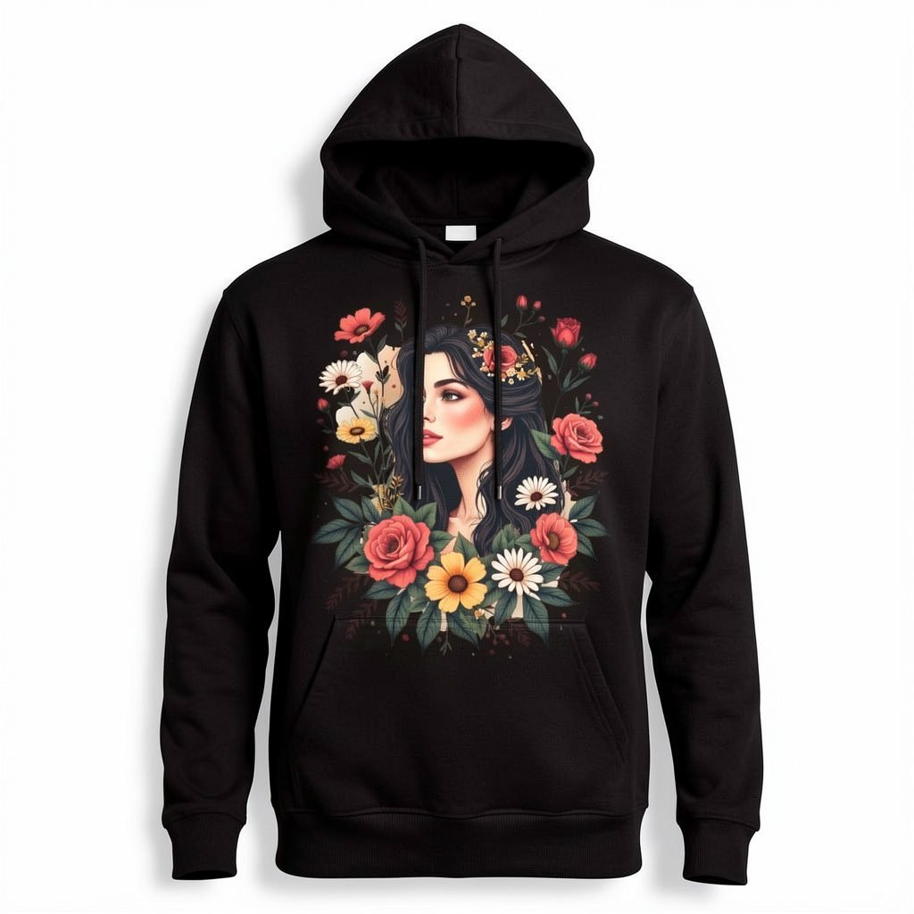 Trendynovo women’s black floral portrait printed hoodie