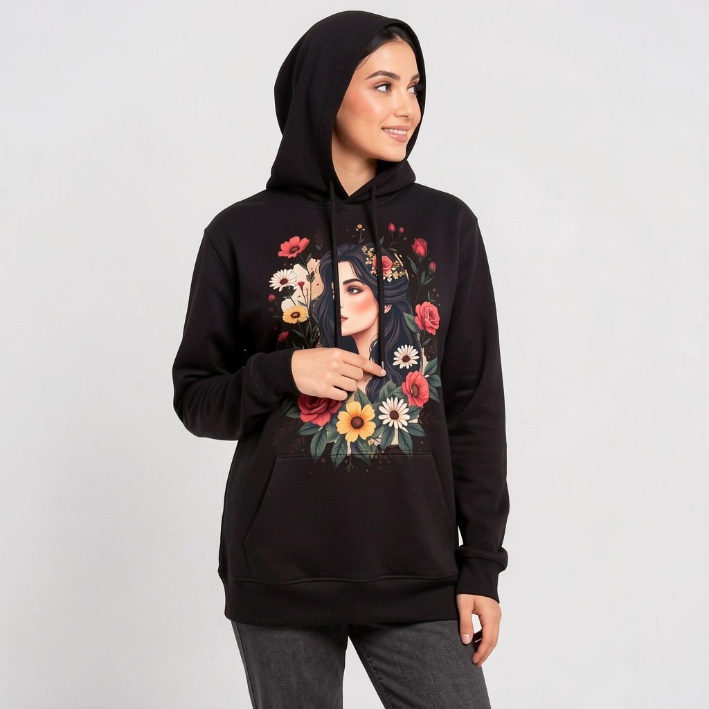 Trendynovo women’s black floral portrait printed hoodie
