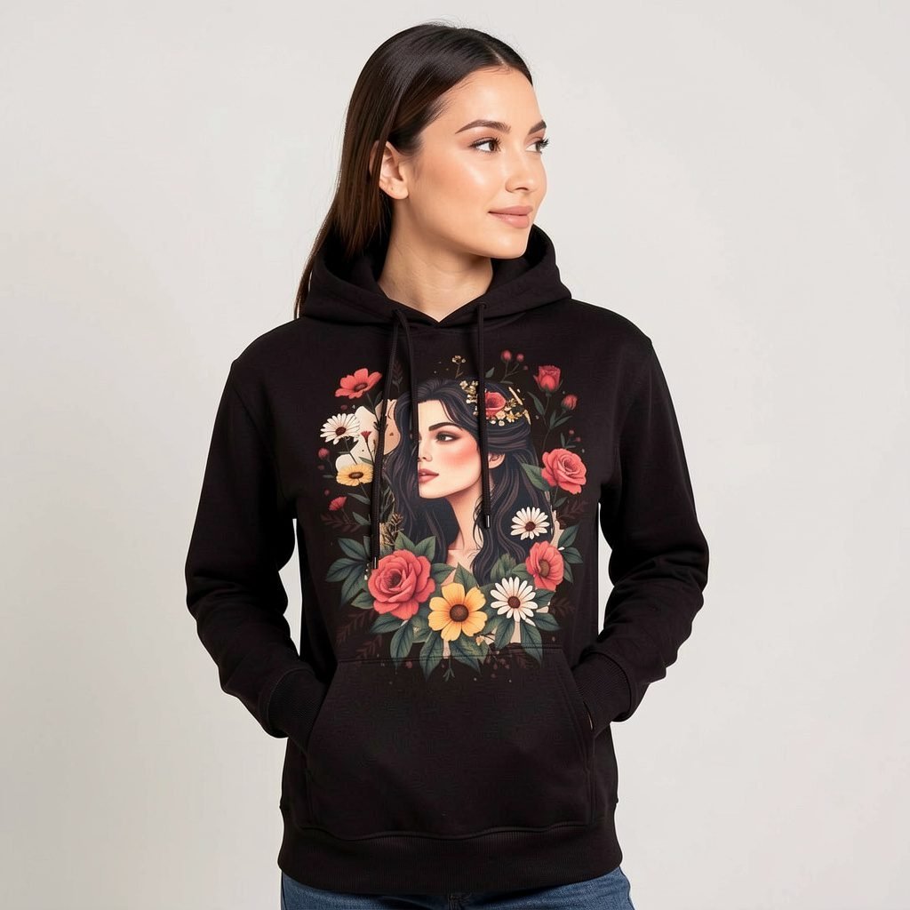 Trendynovo women’s black floral portrait printed hoodie