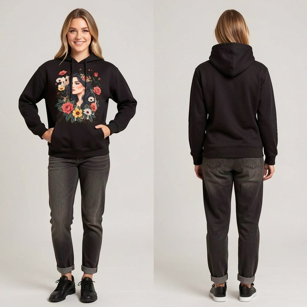 Trendynovo women’s black floral portrait printed hoodie