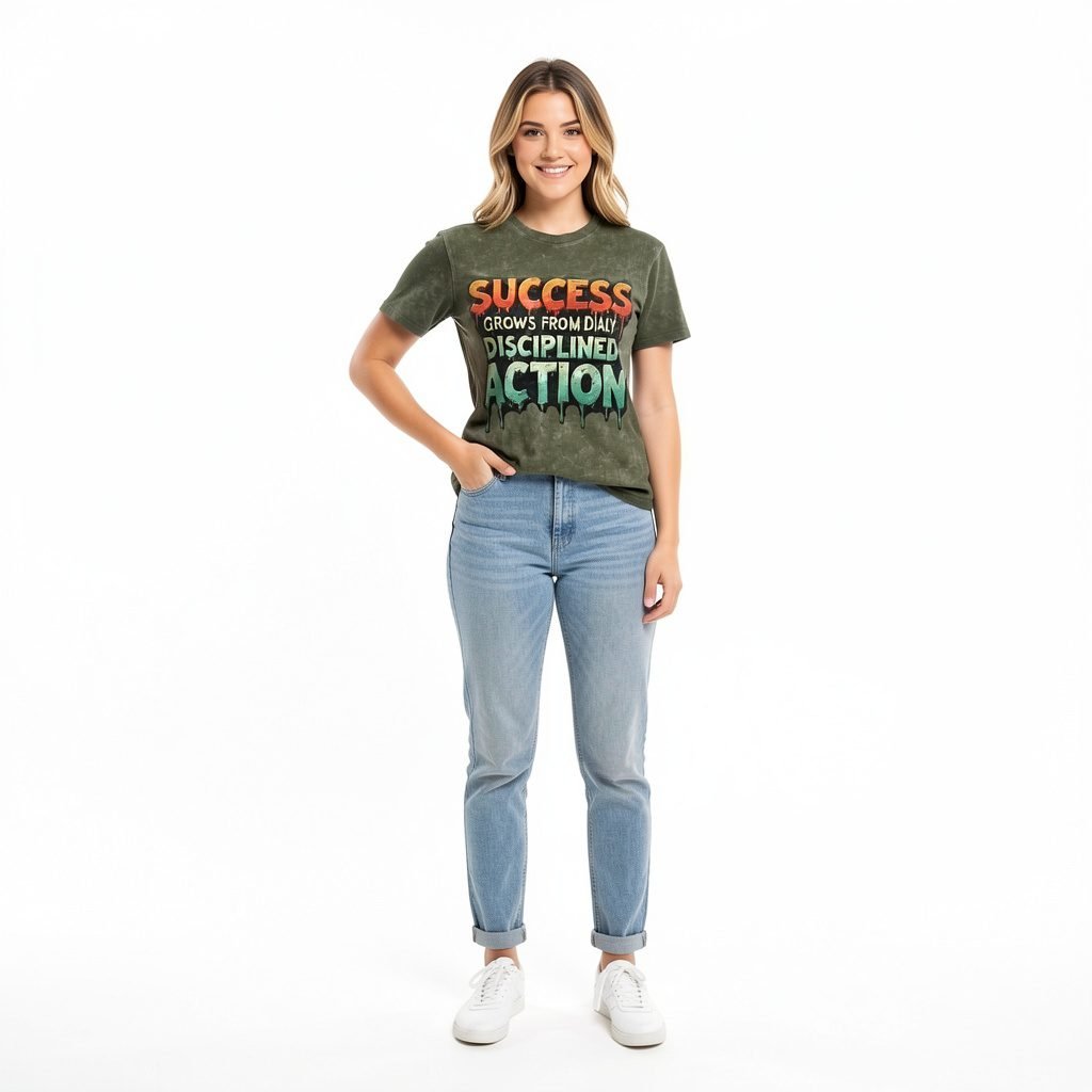 Women’s Success Grows from Daily Disciplined Action Acid Wash T-Shirt by Trendynovo
