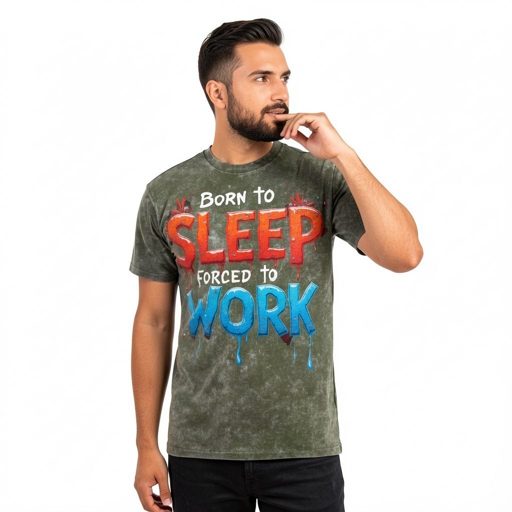 Men’s Born to Sleep Force to Work Acid Wash T-Shirt by Trendynovo