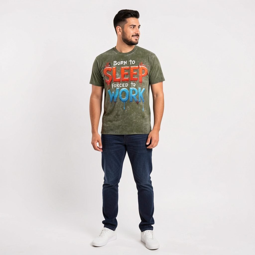 Men’s Born to Sleep Force to Work Acid Wash T-Shirt by Trendynovo